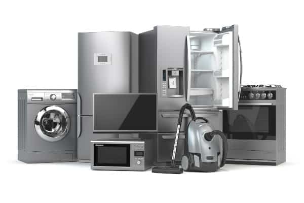 Home appliances. Set of household kitchen technics isolated on white background. Fridge, gas cooker, microwave oven, washing machine and vacuum cleaner.