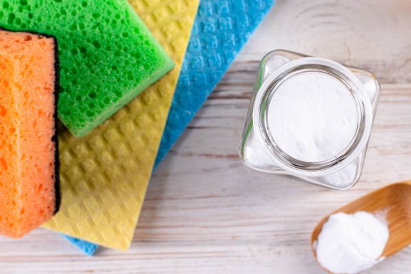 materials for cleaning smart fridge, sponge, baking soda, warm water, towel